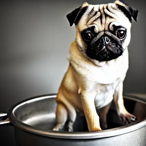 Image similar to An adorable pug sitting in a pot of water atop a stove, high resolution photograph