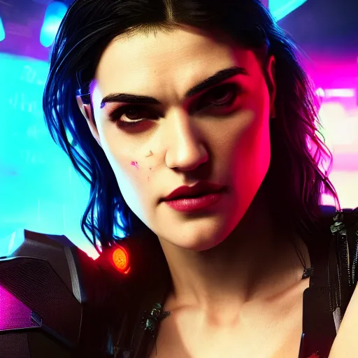 Image similar to katie mcgrath portrait, cyberpunk 2 0 7 7, cyberpunk judy alvarez, photorealistic, ultra detailed, neon, octane, bokeh, cinematic lighting, cyber, cyberpunk city, studio quality, feature, scars, cyberface, 8 k