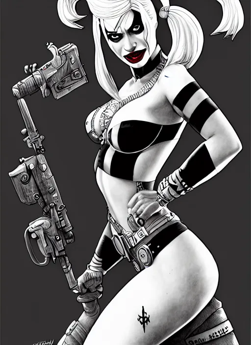 Image similar to concpet art, full shot, traditional ink, sketch, of harley quinn, line sketch, intricate, elegant, highly detailed, monochrome, digital painting, artstation, concept art, sharp focus, illustration, art by borderlands 3 and peter polach