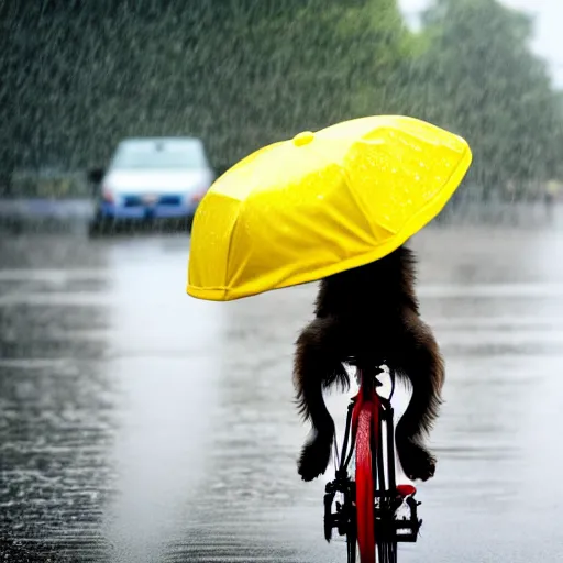 Image similar to a dog with a yellow hat riding a bike while raining