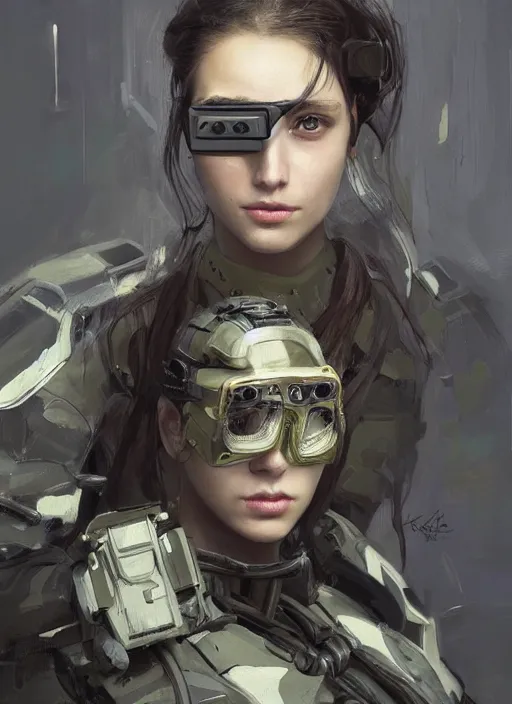 Image similar to a professional painting of a beautiful young female, clothed in stealth armor, nightvision goggles, olive skin, long dark hair, beautiful bone structure, symmetrical facial features, intricate, elegant, digital painting, concept art, smooth, sharp focus, illustration, from Metal Gear, by Ruan Jia and Mandy Jurgens and Artgerm and William-Adolphe Bouguerea