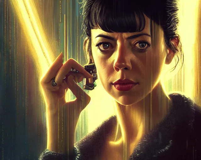 Prompt: a 4 k cinematic screenshot still portrait of aubrey plaza in bladerunner, deep focus, d & d, fantasy, intricate, elegant, highly detailed, digital painting, artstation, concept art, matte, sharp focus, illustration, dark fantasy style art, hearthstone, art by artgerm and greg rutkowski and alphonse mucha