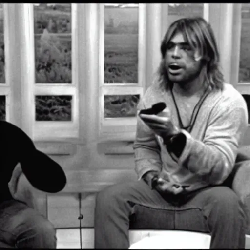 Prompt: Joe rogan interviewing with Kurt Cobain, low quality, vhs quality, late 2000’s