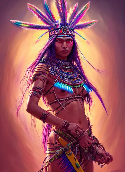 Image similar to hyper detailed ultra sharp cherokee shaman warrior trance girl. trending on artstation, warpaint aesthetic, bloodwave, colorful, psychedelic, ornate, intricate, digital painting, concept art, smooth, sharp focus, illustration, art by artgerm and greg rutkowski and h. r. giger, 8 k