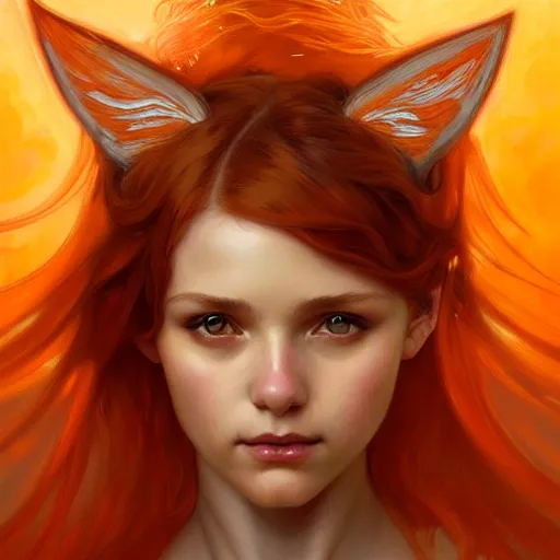 Image similar to Portrait of a girl angel with orange scruffy hair, cat ears, glowing halo, wings, biting her lip, fantasy, intricate, elegant, highly detailed, digital painting, artstation, concept art, smooth, sharp focus, illustration, art by Krenz Cushart and Artem Demura and alphonse mucha