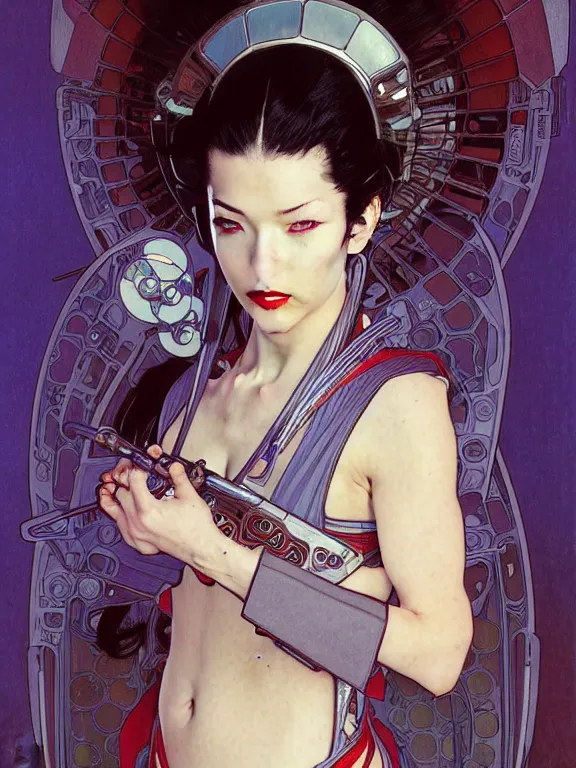 Prompt: realistic detailed portrait of one handsome futuristic female geisha with few element of alien cyberpunk armor, minimal design armor style, by moebius, alphonse mucha, ayami kojima, amano,, greg hildebrandt,, and mark brooks, feminine, female, seductive, art nouveau, cyberpunk, neo - gothic, gothic, character concept design,