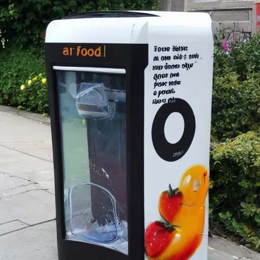 Prompt: a food dispenser in the street surround by beautiful street art