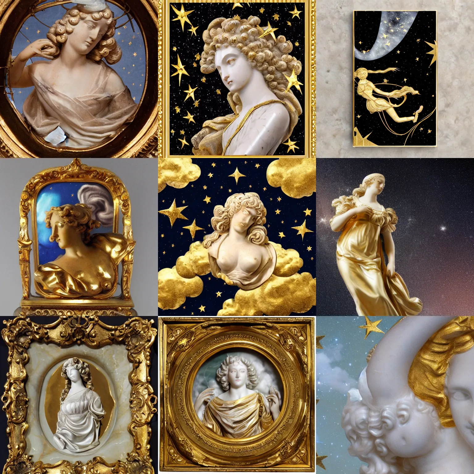 Prompt: baroque woman marble and gold in space, stars, clouds