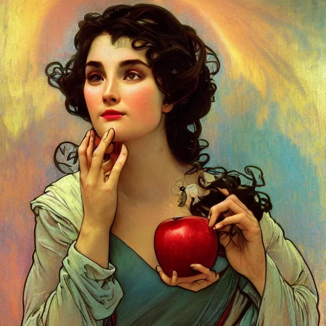 Image similar to an aesthetic! detailed close - up portrait of an aesthetic woman crying mournfully while holding an apple, by frank frazetta and alphonse mucha, oil on canvas, bright colors, art nouveau, epic composition, dungeons and dragons fantasy art, hd, god - rays, ray - tracing, crisp contour - lines, huhd - 8 k