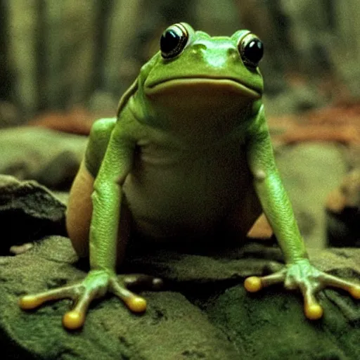 Image similar to movie film still scene, lord of the rings with frog heads