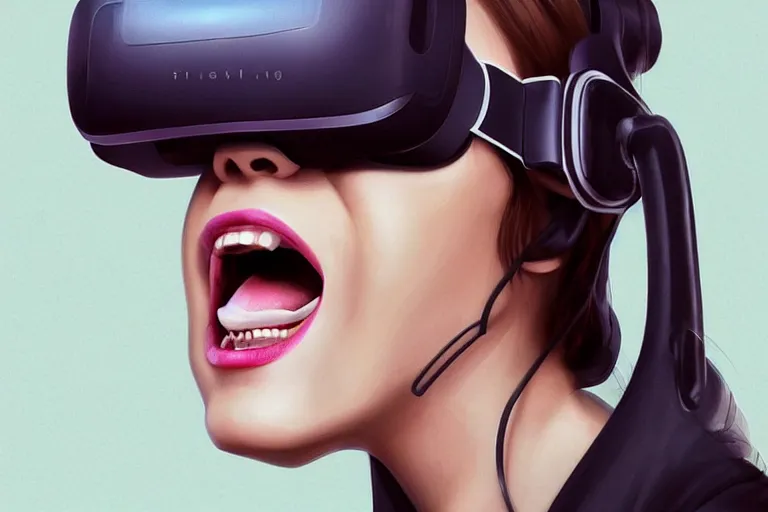 Image similar to a woman with a vr headset has a pill on her tongue and is hallucinating by artgerm, trending on cgsociety, retrofuturism, reimagined by industrial light and magic, darksynth, sci - fi