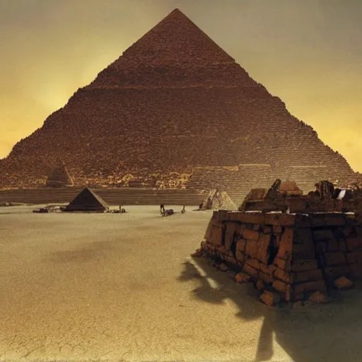 Prompt: the aliens building the pyramids, mysterious, ominous, eerie, craig mullins