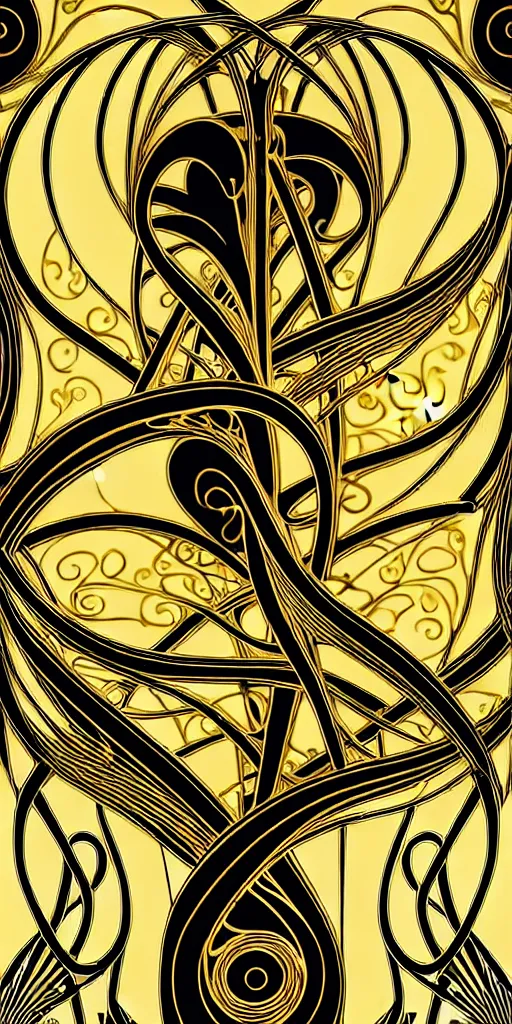 Image similar to the source of future growth dramatic, elaborate emotive Art Nouveau styles to emphasise beauty as a transcendental, seamless pattern, symmetrical, large motifs, hyper realistic, 8k image, 3D, supersharp, Flying shiny silk fabric in Art nouveau curves spirals and swirls, iridescent and black and gold colors , perfect symmetry, iridescent, High Definition, sci-fi, Octane render in Maya and Houdini, light, shadows, reflections, photorealistic, masterpiece, smooth gradients, no blur, sharp focus, photorealistic, insanely detailed and intricate, cinematic lighting, Octane render, epic scene, 8K