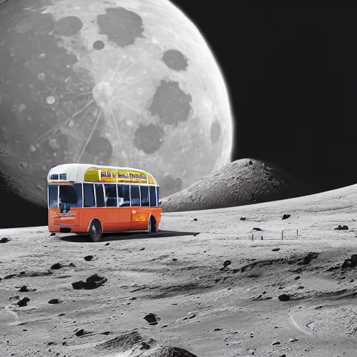 Image similar to realistic sci - fi high detailed photo of flixbus bus on the moon