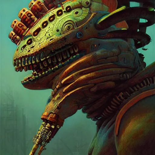 Prompt: a expressive portrait of masked diesel punk quetzalcoatl on the art of mayan ancient culture, artstation, award - winning realistic sci - fi concept art by jim burns and greg rutkowski, beksinski, a realism masterpiece, expressive color palette, james gilleard, bruegel, alphonse mucha, and yoshitaka amano