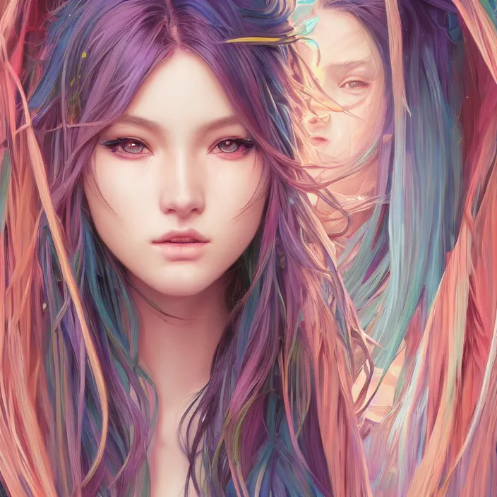 Image similar to portrait of beautiful symmetrical anime girl, rainbow hair, attractive, casual, modern, victoria's secret, highly detailed, digital painting, artstation, concept art, smooth, sharp focus, illustration, art by moebius artgerm, greg rutkowski and alphonse mucha, 8 k,