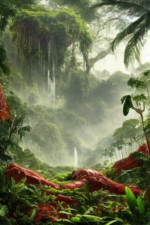 Prompt: a giant meat eating plant in the exotic jungle, landscape, alex ross, giga, david finch, concept art, matte painting, highly detailed, rule of thirds, dynamic lighting, cinematic, detailed, denoised, centerd