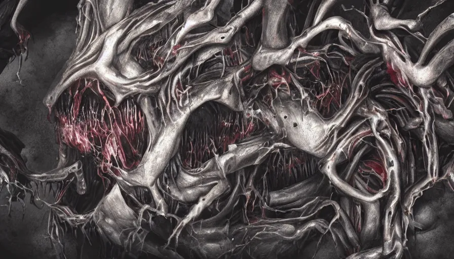 Prompt: a beautiful high - quality photo of an entity of pure death and darkness devastating a gory marble city, devouring happiness and souls, dismembering people, growing tendon tendrils and rib cages, body horror, cosmic horror, volumetric lighting, hyperrealistic, very detailed, 8 k