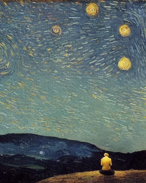 Image similar to a person looking at the night sky with stars, colorful, beautiful, national geographic, very detailed, astrophotography, oil painting, canvas, Theodor Kittelsen, Vincent van Gogh, Caspar David Friedrich