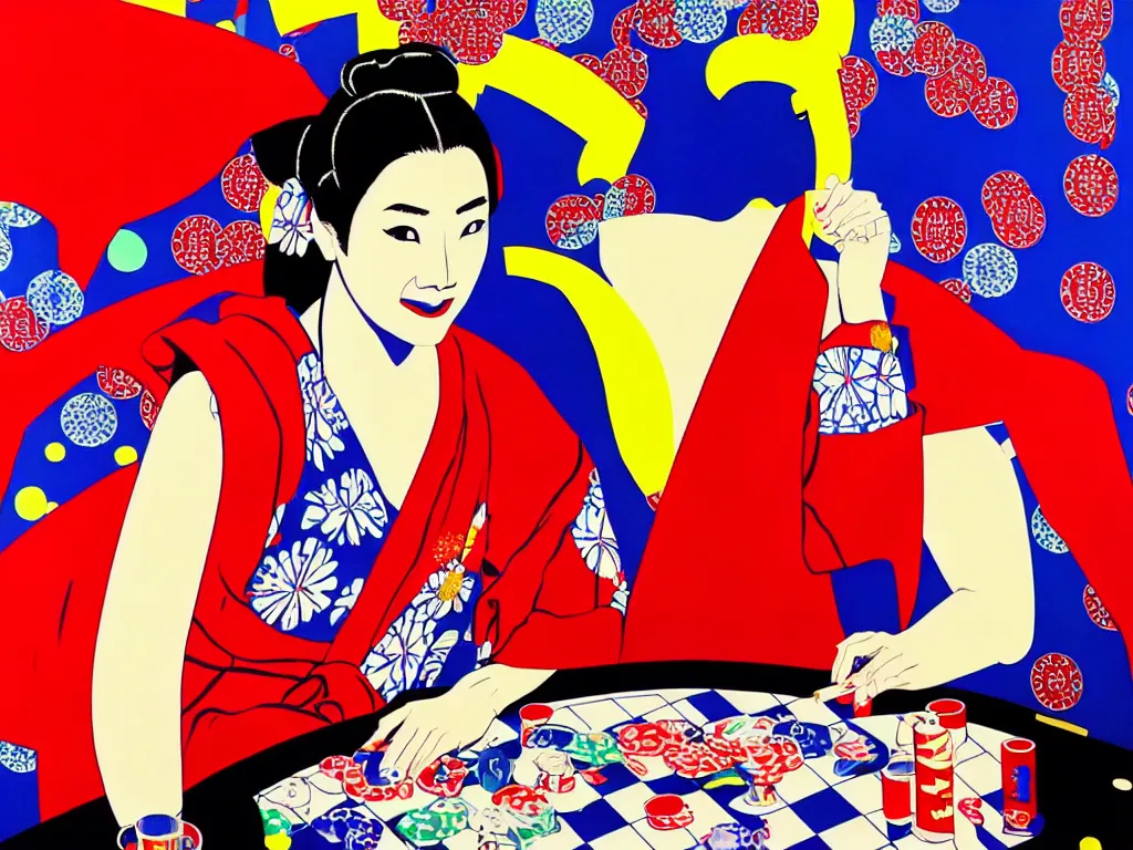 Image similar to hyperrealism composition of the detailed woman in a japanese kimono sitting at a poker table with superman, fireworks on the background, pop - art style, jacky tsai style, andy warhol style, acrylic on canvas