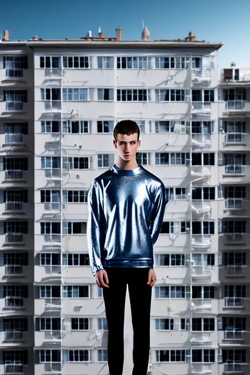 Image similar to un ultra high definition studio quality photographic art portrait of a young man standing on the rooftop of a british apartment building wearing soft padded silver pearlescent clothing. three point light. extremely detailed. golden ratio, ray tracing, volumetric light, shallow depth of field. set dressed.