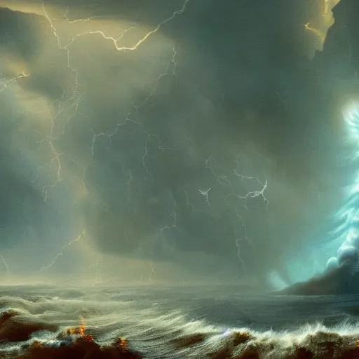 Image similar to pummelling maelstrom evocation in the days of noah, detailed, intricate, advanced, 8 k resolution