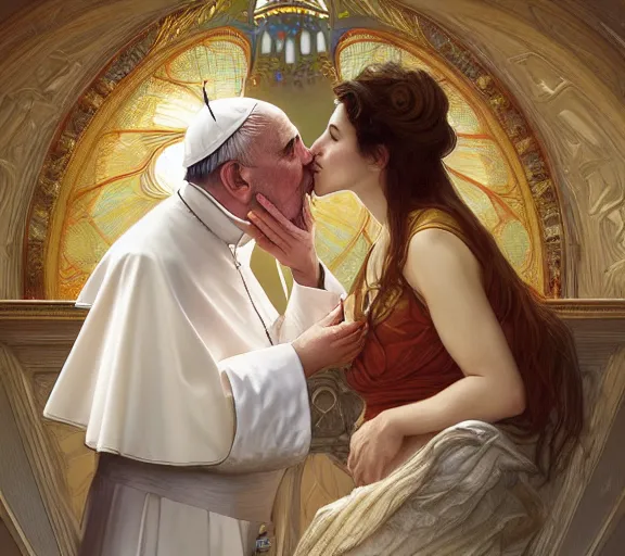 Image similar to photography of a pope kissing the breast of a sensual woman, deep focus, intricate, elegant, highly detailed, digital painting, artstation, concept art, matte, sharp focus, illustration, art by artgerm and greg rutkowski and alphonse mucha