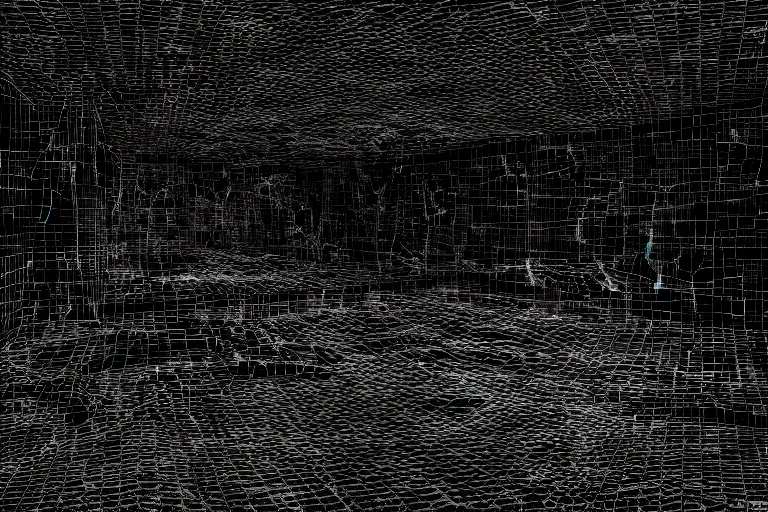 Prompt: horror movie scene in an extremely dark infinite never ending office, dark deep black shadows, in the style of trevor henderson and james ensor goya, liminal space, 3 d render, glitch effect