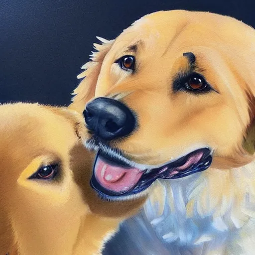 Image similar to a painting of a cute golden retriever with a german shepherd