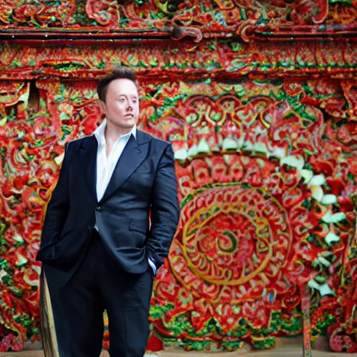 Image similar to A Photo Portrait of elon musk Wearing Indonesian Batik at a fancy Balinese temple, award winning photography, sigma 85mm Lens F/1.4, blurred background, perfect faces