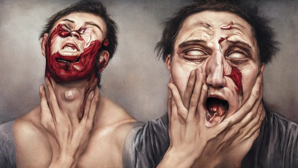 Image similar to surrealism lacking portrait of a crying young dude 2 7 years old, with violence
