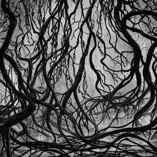 Prompt: award - winning painting of pitch black, tar - like, shadow roots with lots of tendrils spreading everywhere, intricate detail, deep black roots, infestation, shadowy, lovecraftian, beksinksi, black and white, monochrome