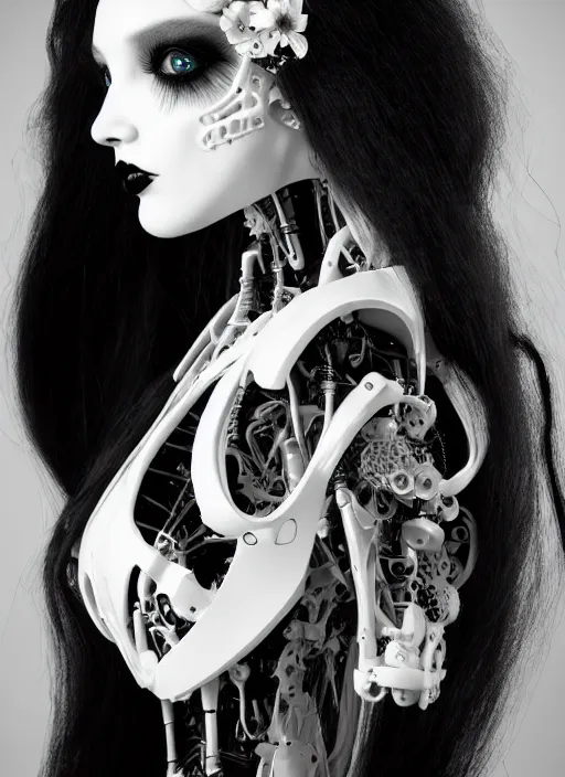 Image similar to black and white dreamy profile face portrait, biomechanical beautiful angelic young female cyborg - robot - doll with long hair made of flowers, body ribs, volumetric light, hibiscus flowers, rim light, big gothic fashion pearl embroidered collar, 1 9 3 0, 8 k