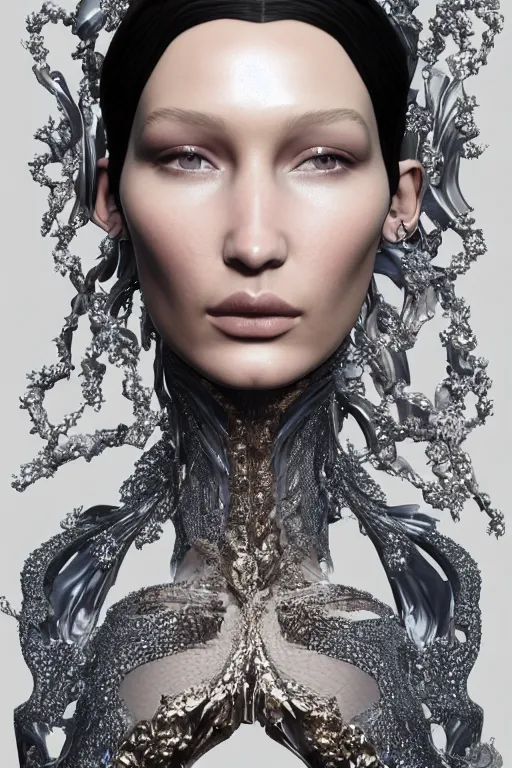 Image similar to a highly detailed 3 d portrait of a beautiful alien goddess bella hadid in iris van herpen dress schiaparelli in diamonds in style of alphonse mucha trending on artstation made in unreal engine 4