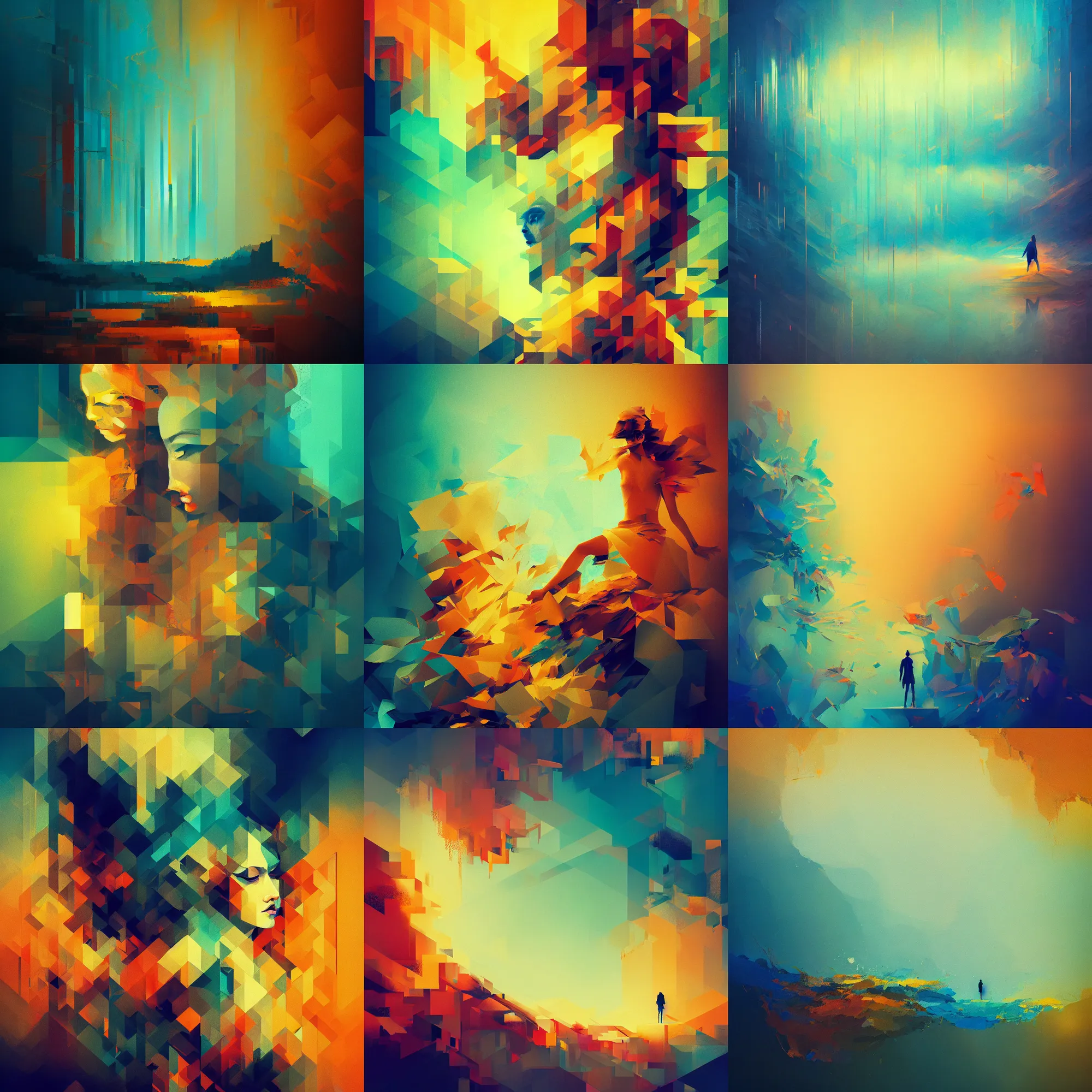 Prompt: beautiful abstract scene!! pixel sorting, complementary colors, serenity, well balanced composition, delicate and precise brushwork, lines, intricate, highly detailed, wide angle, sharp focus, dramatic lighting, scattering, 8 k, depth of field. art by otgonbayar ershuu and ashley wood