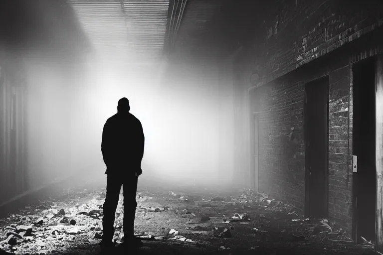 Image similar to a lonely, silhouetted figure stands alone in a creepy derelict corridor. broken windows light rays volumetric fog creepy at night