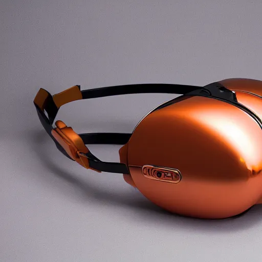 Image similar to award winning product photography, 3 5 mm lens, of a glossy orange metallic and shiny purple metallic shiny ergonomic virtual reality headset as off a 1 9 3 6 bugatti type 5 7, studio lighting,