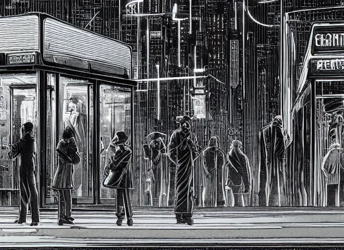 Prompt: some people waiting at bus stop in dark city night, detailed, high quality, by Moebius, sci-fi, reimagined by industrial light and magic