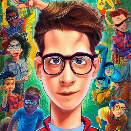 Prompt: a young man with glasses and short wavy brown hair as a super hero, pixar cute, highly detailed, sharp focus, neon color, digital painting, artwork by Jeremiah Ketner + Mati Klarwein + Fintan Magee + Chris Mars