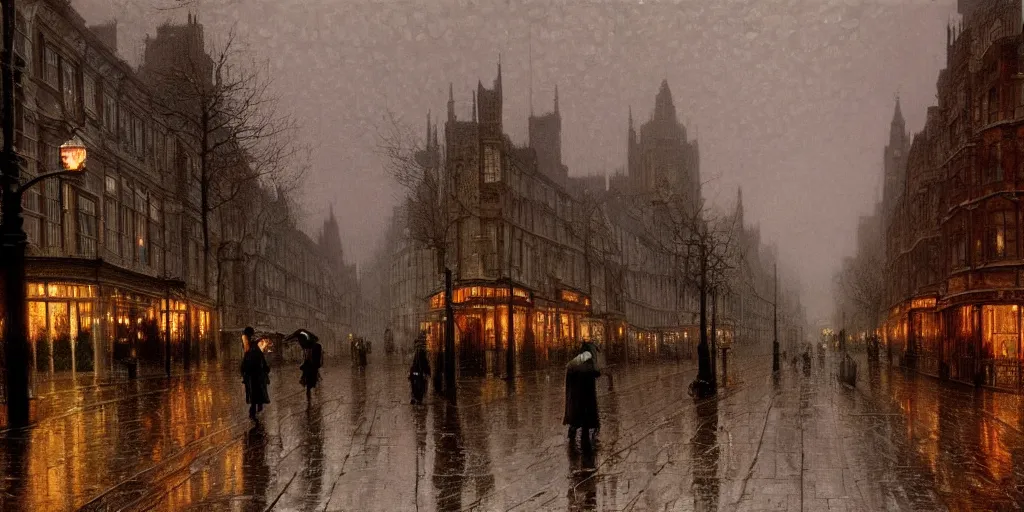 Image similar to Victorian city street lined with trees with front view of shops on a rainy day in London, evening, low angle view, detailed matte painting, cinematic, John Atkinson Grimshaw, Artstation