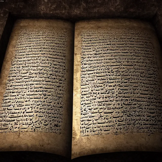 Image similar to ultra - realistic disconcerting photo of a partially damaged dead sea scroll with nabeatean aramaic in sideways columns, dark, brooding, volume lighting, atmospheric lighting, painted, intricate, ultra detailed, well composed, best on artstation, cgsociety, epic, stunning, gorgeous, intricate detail, wow, masterpiece