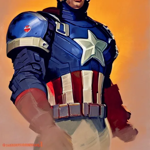 Image similar to greg manchess portrait painting of armored captain america as overwatch character, totally whack, medium shot, asymmetrical, profile picture, organic painting, sunny day, matte painting, bold shapes, hard edges, street art, trending on artstation, by huang guangjian and gil elvgren and sachin teng