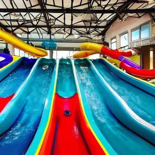 Image similar to dark, empty indoor children's water park with colorful water slides, nostalgic, hazy, dream - like