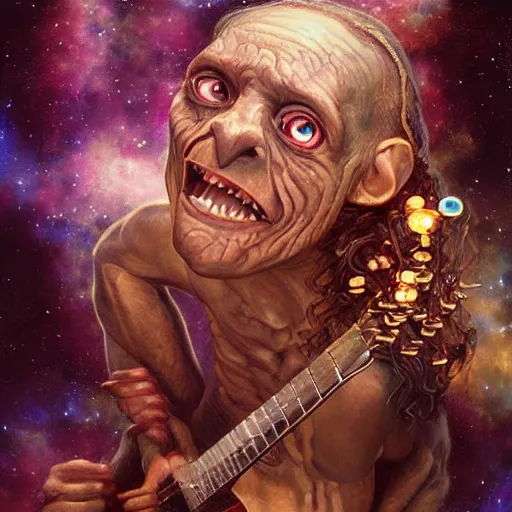 Image similar to beautiful oil painting with high detail of a Gollum with long curly hair made of stars and nebulas, holding a futuristic electric guitar and art direction by James Cameron; by artgerm; wayne reynolds art station; cinematic quality character render; low angle; ultra high quality model; production quality cinema model; Fleshless