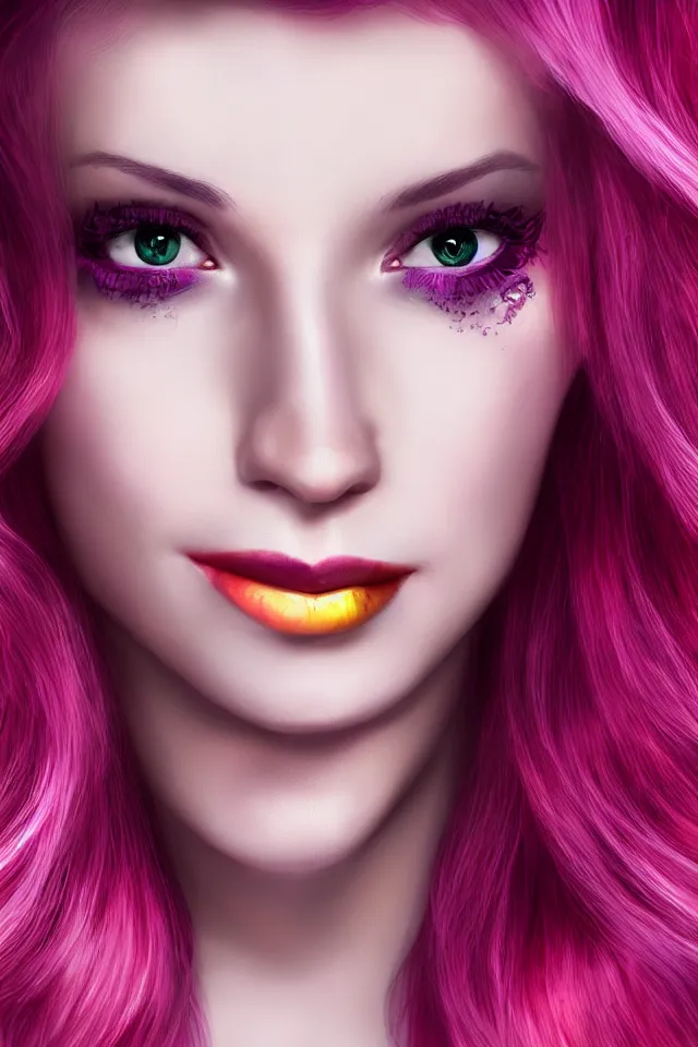 Image similar to ultra realistic portrait of a hot witch , colorful hair, pink lips, gorgeous smile, stunning, hottest, 8K resolution, deviantart,