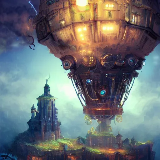 Image similar to Huge flying castle, steampunk digital art, dramatic lightning, trending on artstation, epic composition