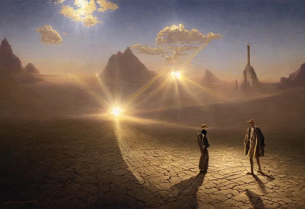 Image similar to a ray of refracted light, art by james gurney and greg rutkowski, surrealism by salvador dali, very detailed, high resolution, inspired by rene magritte, volumetric lighting