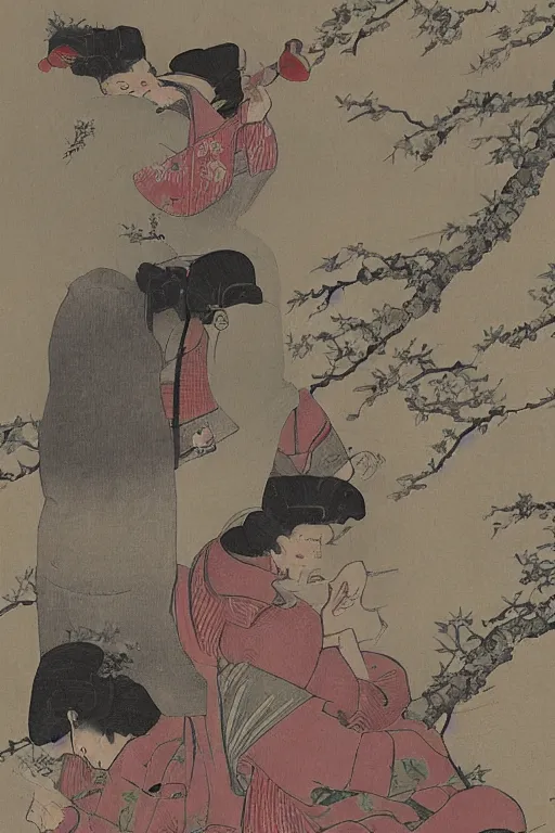 Prompt: gheisha, art of the edo period, traditional japanese illustration,