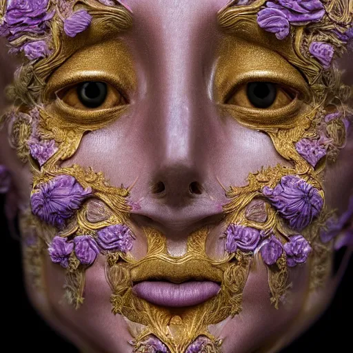 Image similar to beatifull face portrait of a woman, 150 mm, anatomical, flesh, flowers, mandelbrot fractal, facial muscles, veins, arteries, intricate, golden ratio, full frame, microscopic, elegant, highly detailed, ornate, ornament, sculpture, elegant , luxury, beautifully lit, ray trace, unreal, 3d, PBR, in the style of peter Gric , alex grey and Romero Ressendi