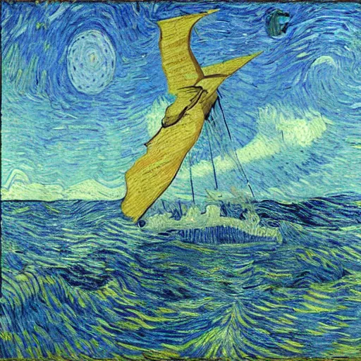 Prompt: Tom Cruise head over water at sea by Van Gogh